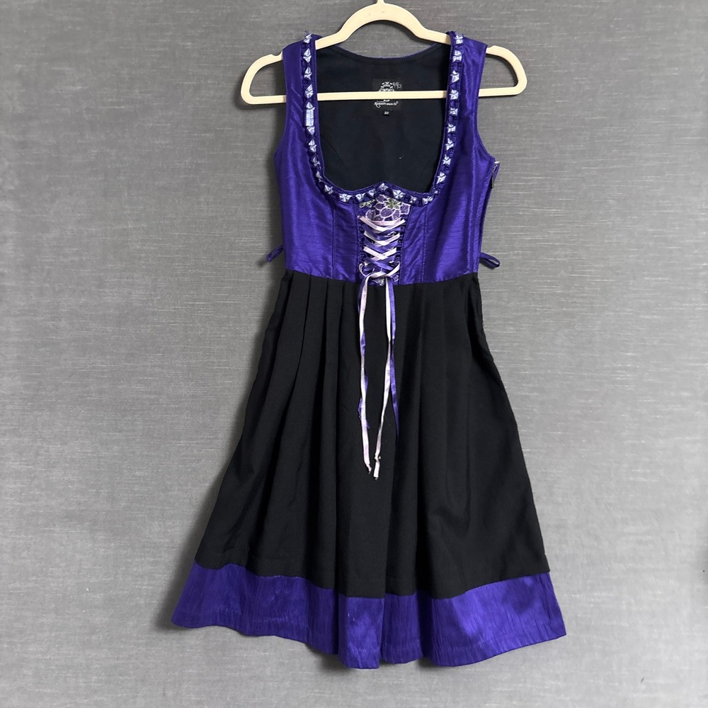 Almenrausch Dirndl Dress 32 US 4 Purple Black Embroidered Lace Up Oktoberfest